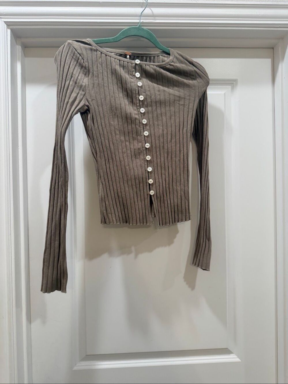 Free People Ribbed Button Front Long Sleeve Top Size S Taupe Brown Henley Shirt